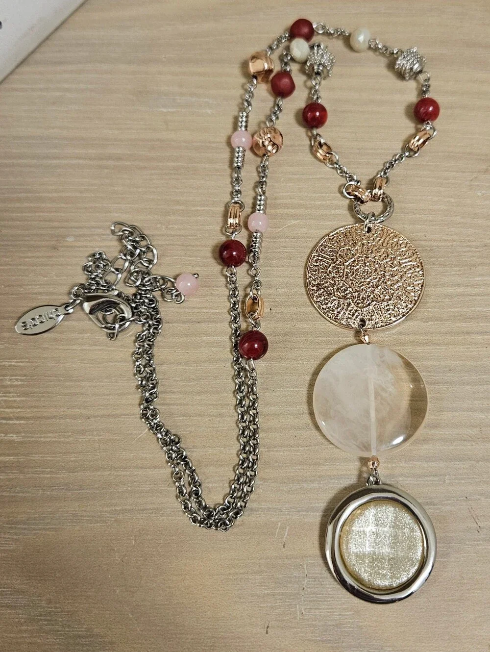 CHICO'S MEDALLION SILVER-TONE ROSE GOLD GLASS BEADS  BOHEMIAN LONG NECKLACE